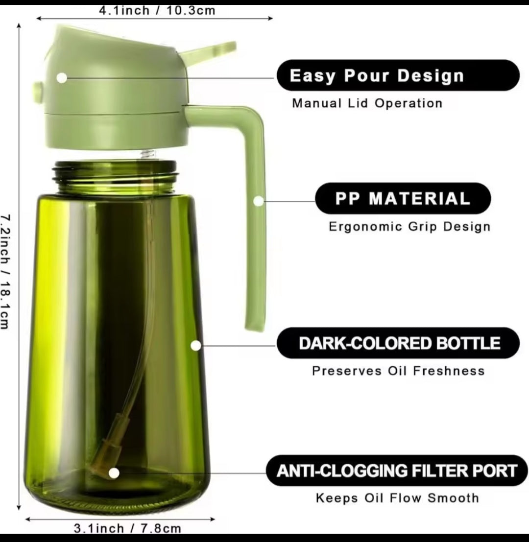 2-in-1 Oil Dispenser and Sprayer for Cooking- Spray and pour, Dark Green bottle 16 Ounce/470 Milliliters