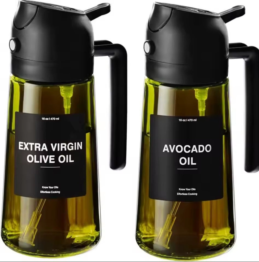 2-in-1 Oil Dispenser and Sprayer for Cooking- Spray and pour, Dark Green bottle 16 Ounce/470 Milliliters
